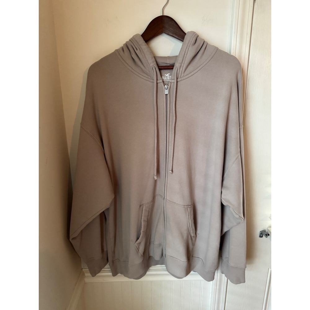 Hollister California Mens XL Full Zip Hoodie Taupe‎ Brown Oversized Fleece